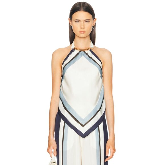NICHOLAS Skye Halter Gold Neck Piece Top in Athens Scarf Sky White 2 New Womens - Picture 1 of 14